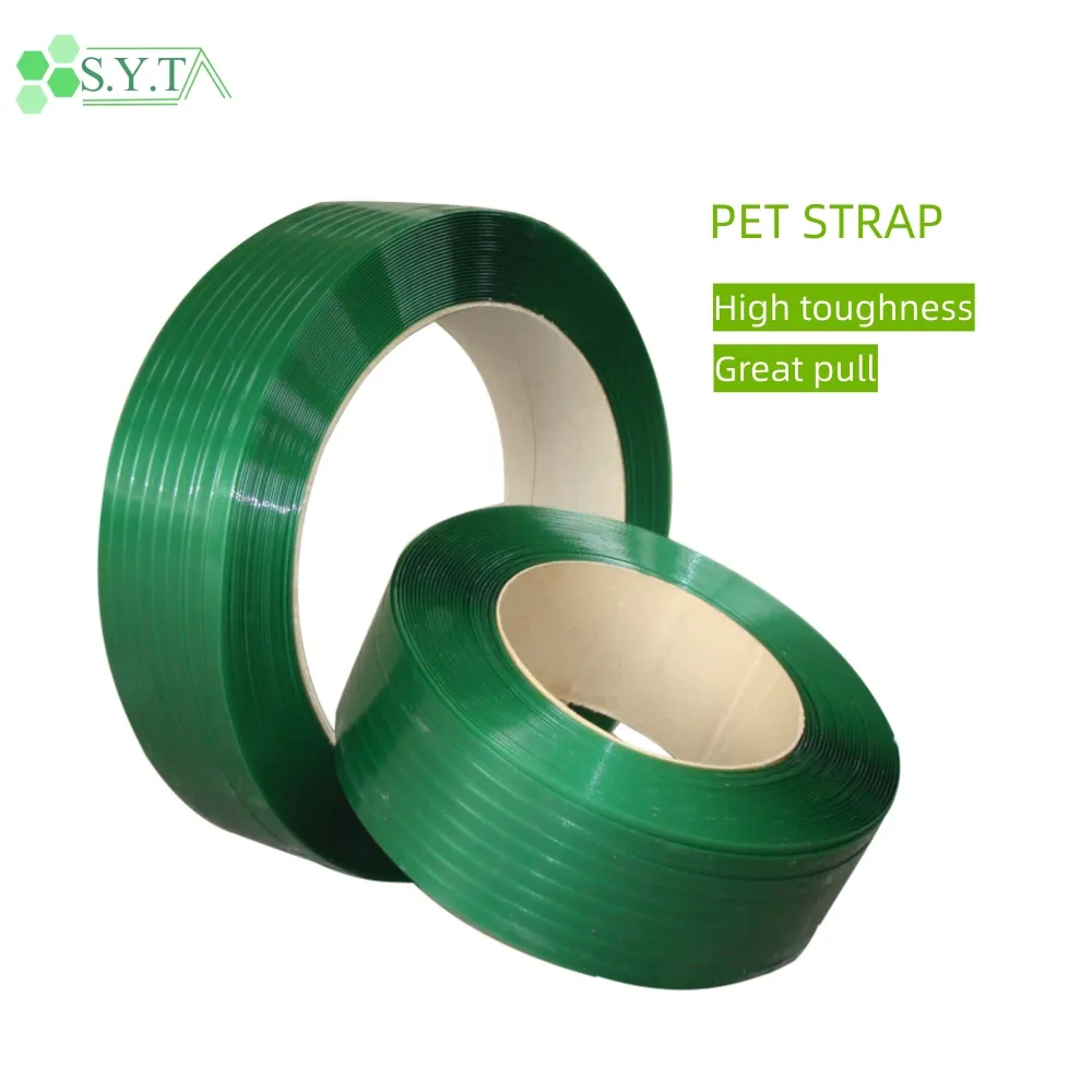 Banda de correa de embalaje de poliéster de plástico de alta resistencia en relieve rollo de correa de flejado de PET verde para embalaje de cartón correas de PET