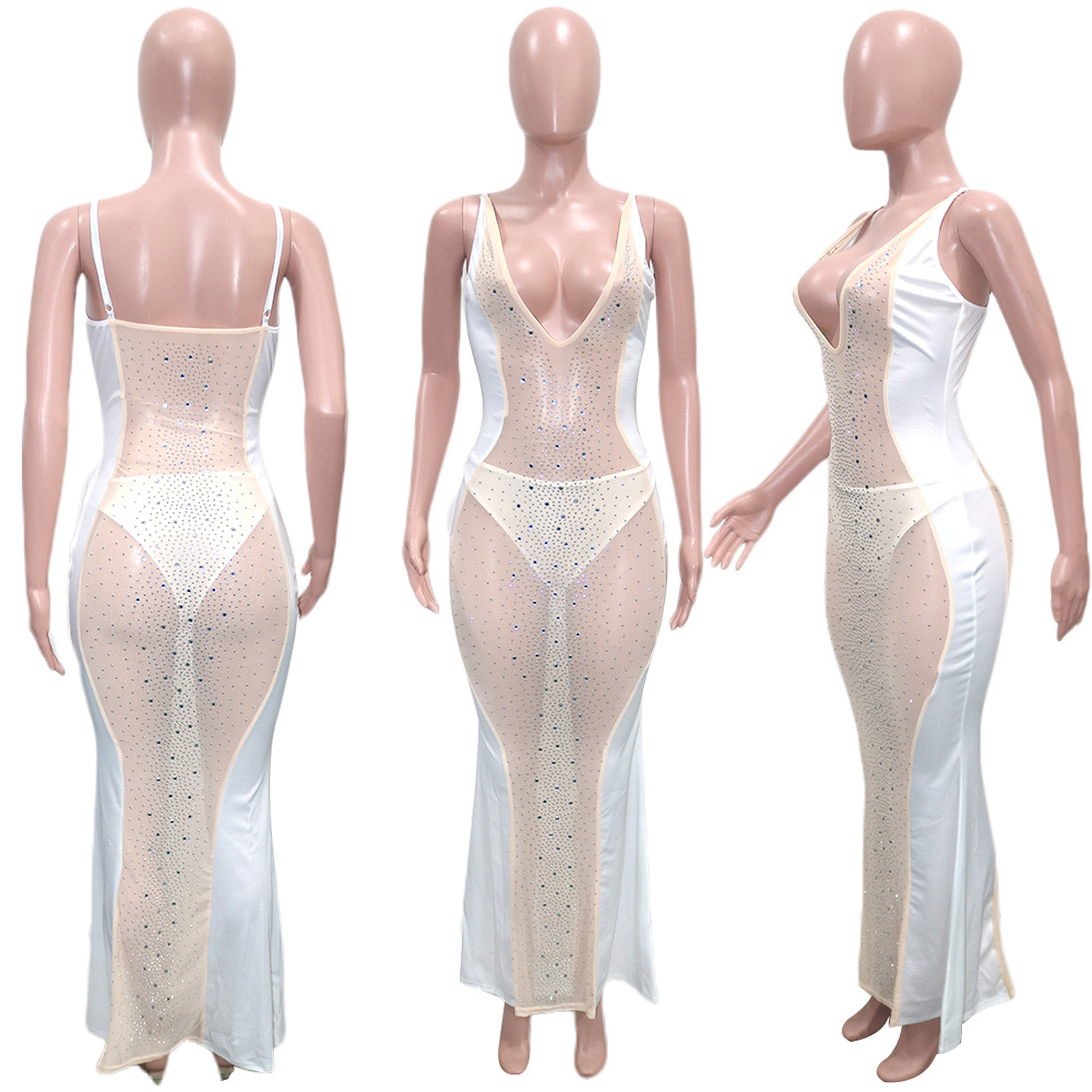 New Style Fashion Sexy See-Through Rhinestone Elegant Mermaid Gown Sleeveless Ladies Temperament Halter Maxi Evening Dress