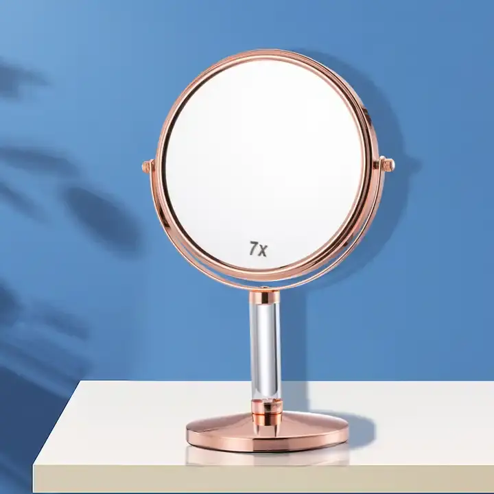 Espejo de maquillaje cromado redondo giratorio 360, tiempos de aumento con decoración acrílica transparente, perfecto para escritorio, uso en el baño