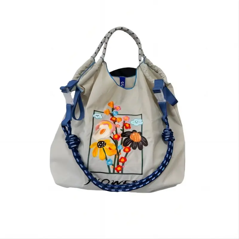 2024 Nova moda multifuncional sacolas de lona com lindo padrão bordado para compras femininas