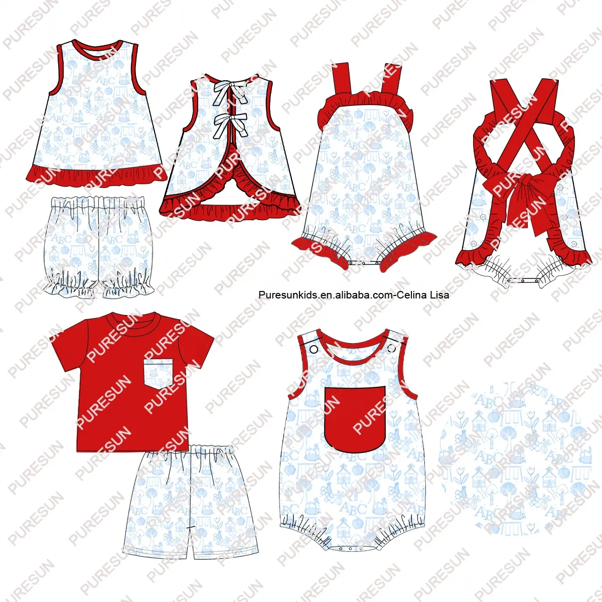 Puresun kundenspezifische kinderkleidung rückkehr zur schule druck in toile baby mädchen outfits kleinkind Geschwister set