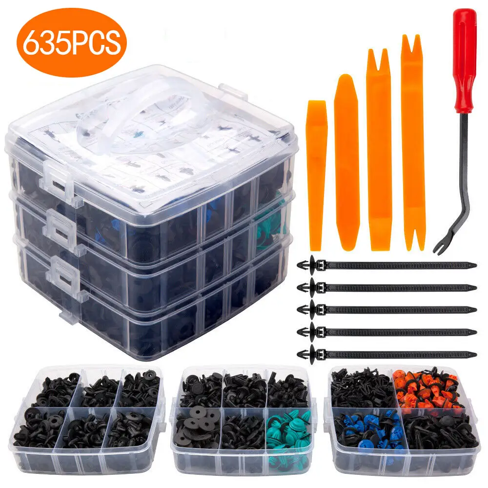 635Pcs Car Push Retainer Clips /Auto Fasteners Assortment Clips Rivet Bumper Kit with 5 Tools + 5 Straps