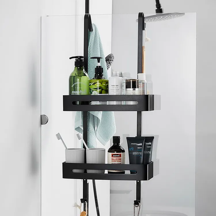 Fabricante personalizado baño negro colgante ducha Caddy sobre puerta pequeño estante de baño de acero inoxidable para ducha 2 uds loft