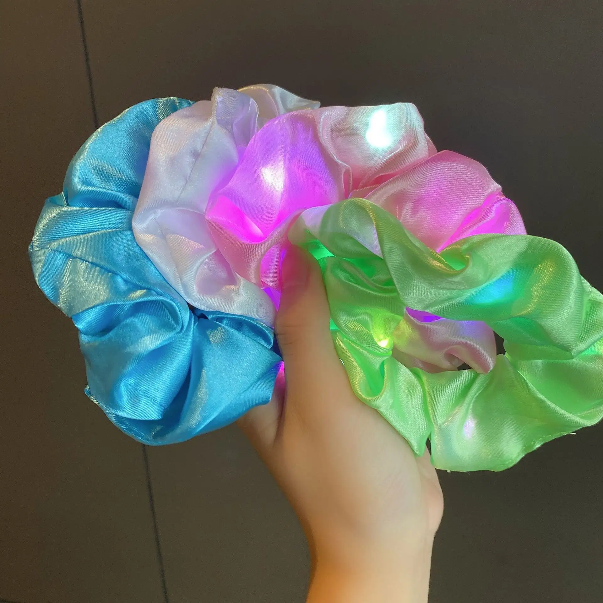 K1115 Newest Party LED Headband Light Colorful Satin Hair Holder Headwear Tie for Women Girls Elastic Ring Rope LED Scrunchies