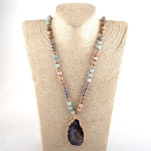 女性用8mm Pic Jasper Frostアフリカンターコイズネックレス宝石用原石ロングノットイレギュラーDruzyペンダントネックレス - Product Image 5