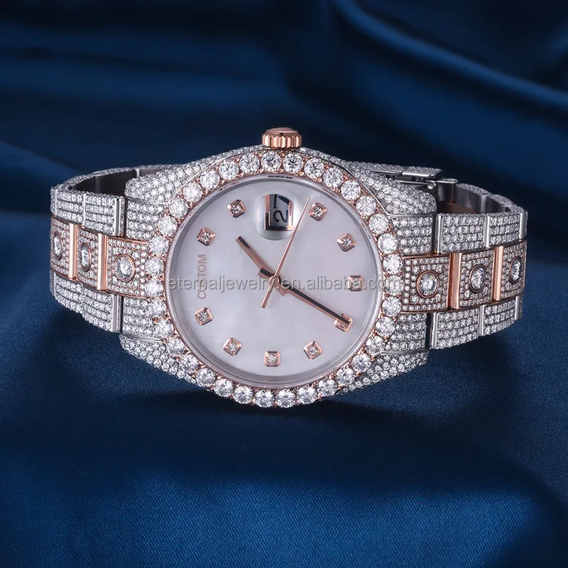 Vượt Qua Kim Cương Tester Tùy Chỉnh Sang Trọng Bling Đầy Đủ Kim Cương Đồng Hồ Vvs Moissanite Hip Hop Iced out Thép Không Gỉ Đồng Hồ Cơ Khí