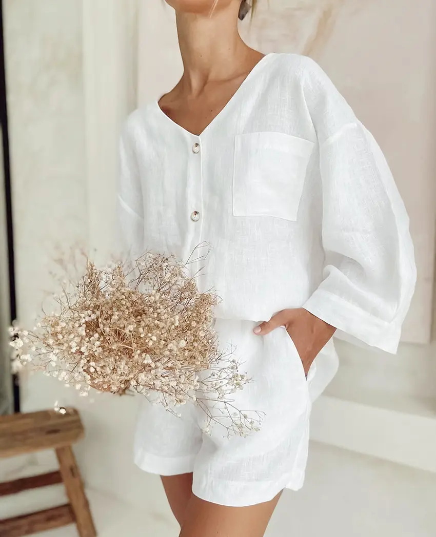 Enyami Minimalist French Lounge 100% Cotton Women Sleepwear White V-Neck Loose Blouses Shorts Pajamas Co Ord Sets