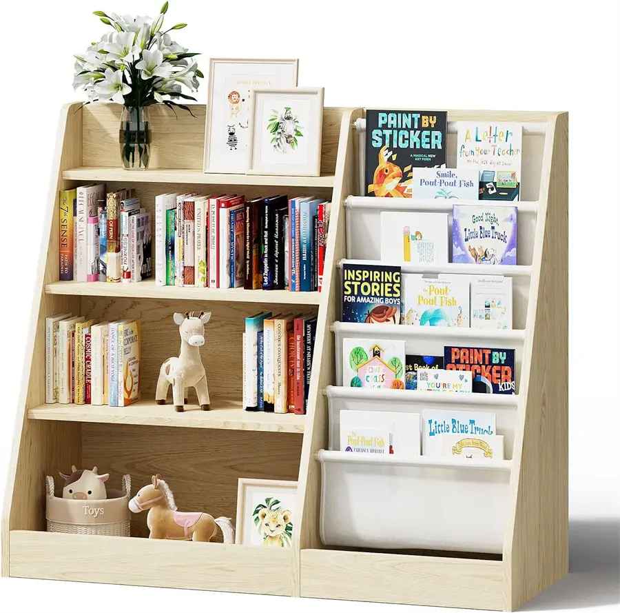 Estantería de madera maciza para niños de 4 niveles, estantería para libros, estante de almacenamiento para bebés, organizador de libros y juguetes, armario para niños