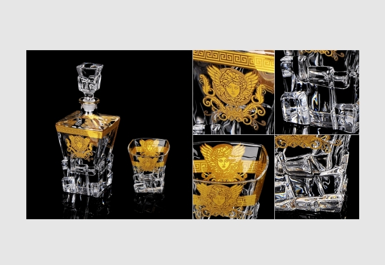 Stocked Scotch Whisky Glass Decanter Set with gold rim