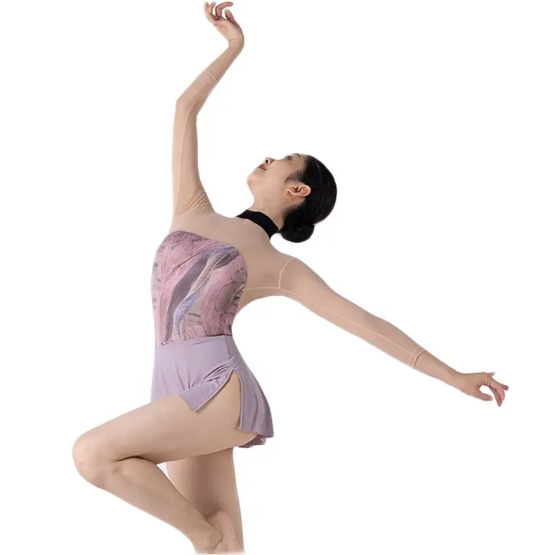 Sexy Emendado Pele Cor Manga Longa Malha Meninas Ballet Dança Prática Bodysuit treinamento macacão