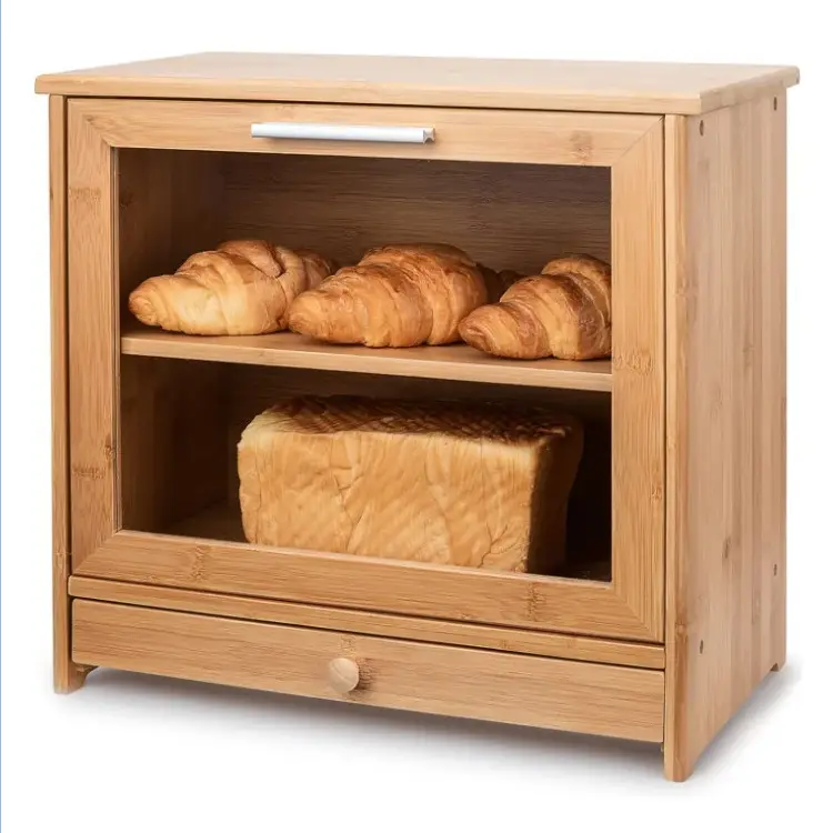 Büyük bambu ekmek kutusu 2 katmanlı ekmek saklama kutusu temizle ön pencere ve aracı çekmece ile geliyor