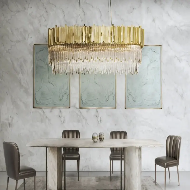 Lusso moderno ovale pendente color nickel di lusso in acciaio inox k9 lampadario di cristallo tavolo da pranzo argento rettangolo di luce