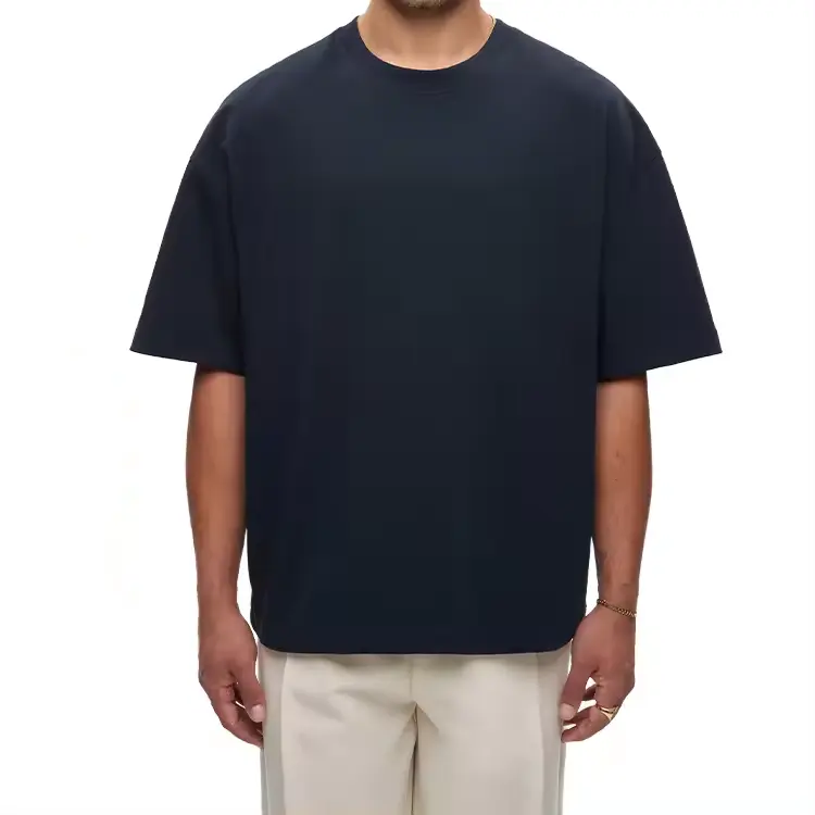 Calidad de lujo 95 algodón 5 Spandex azul marino camiseta personalizada etiqueta reflectante hombres camiseta 220 GSM cuello grueso boxy camiseta