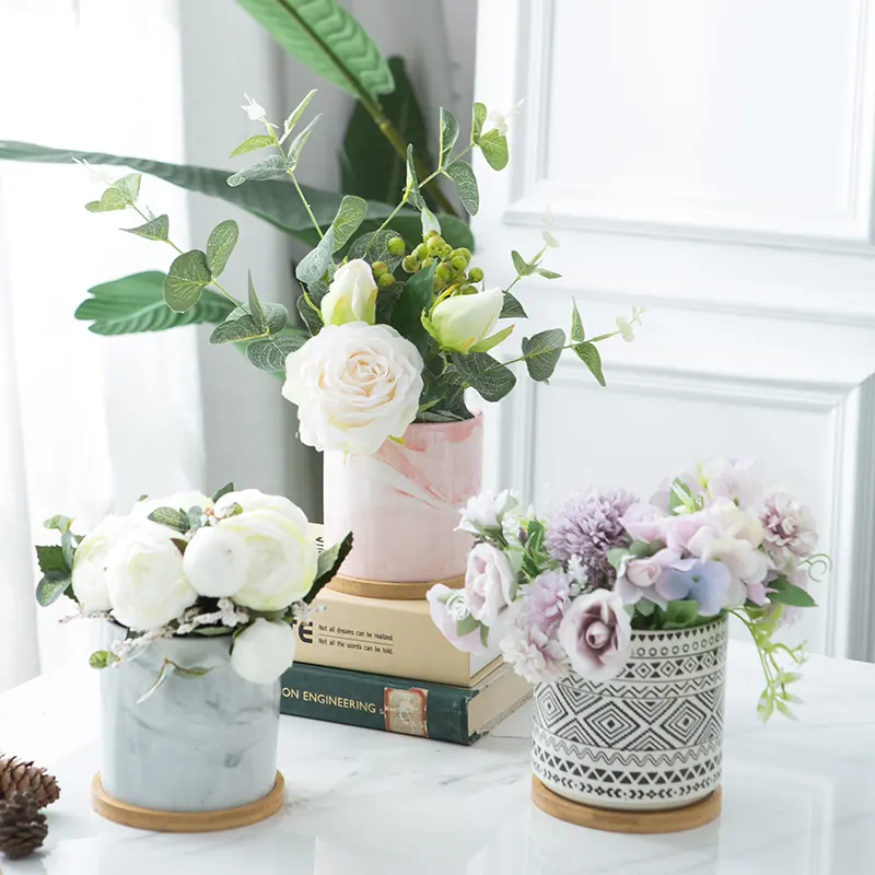 4 polegadas Branco de Cerâmica Vasos de Suculentas com Bandeja De Bambu e Furo de Drenagem (Conjunto de 3), cabe plantas, flores e cacti