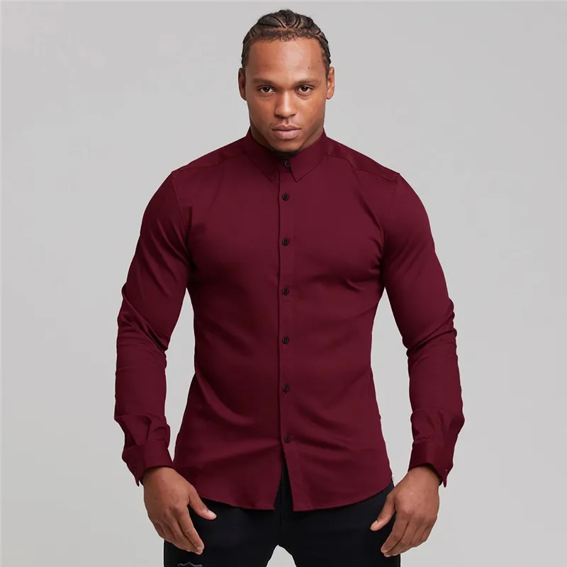 Moda outono Camisa de Manga Longa Homens Super Slim Fit Masculino Casual Social Business Dress Shirt Marca Homens Fitness Sports Clothing