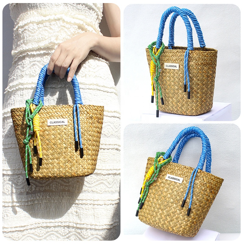 Bolsa amarilla + etiqueta + asa de nailon azul