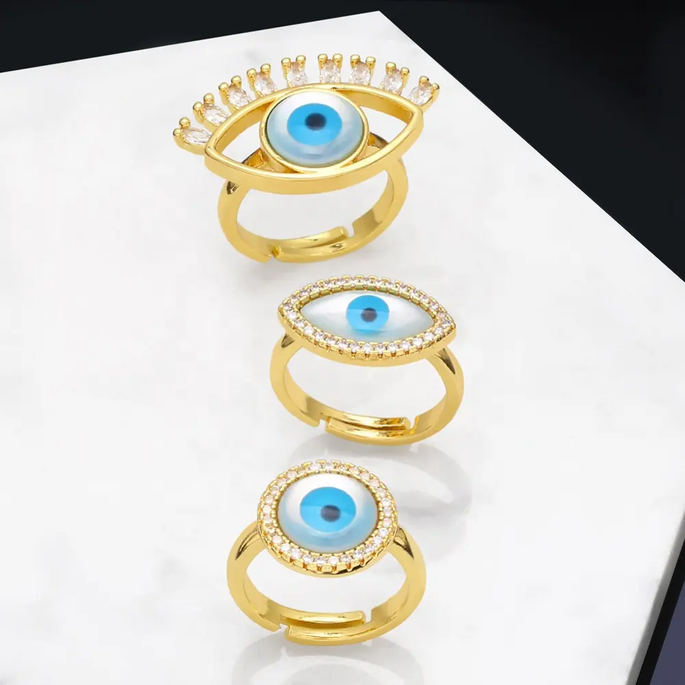 2024 venta al por mayor de joyería fina ajustable anillos de Ojo Azul turco clásico CZ circón cúbico Shell regalo anillos de dedo joyería India