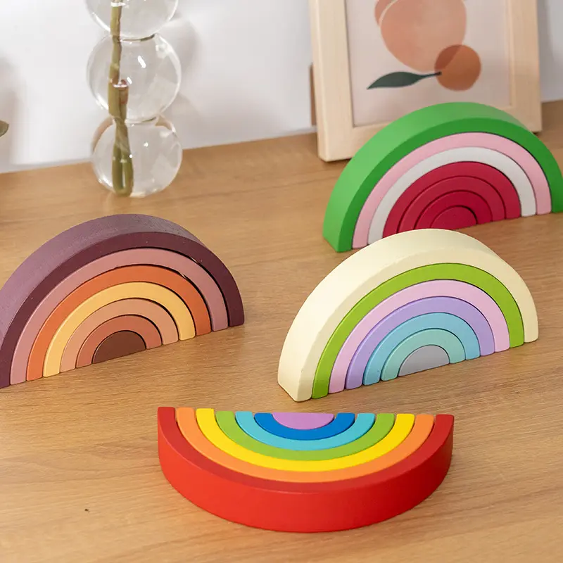 Hot Selling Custom Goedkope Kinderen Houten Regenboog Stapelen Bouwstenen Set Montessori Educatief Leren Speelgoed Voor Kinderen