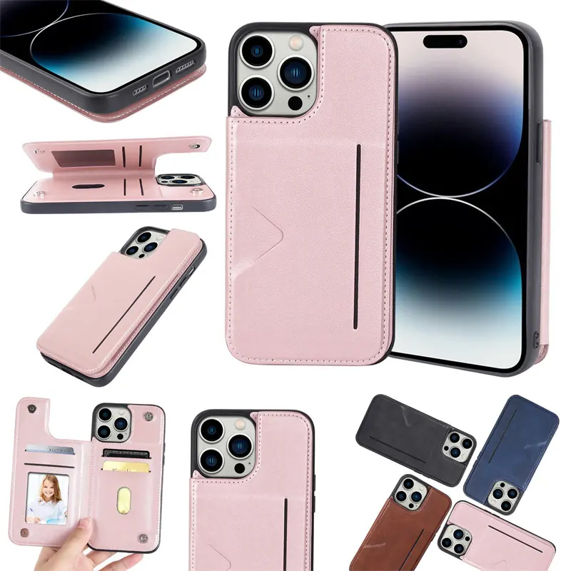 Capa de couro flip para celular, carteira com ímãs escondidos para iPhone 15 15 Pro e suporte para cartão de crédito