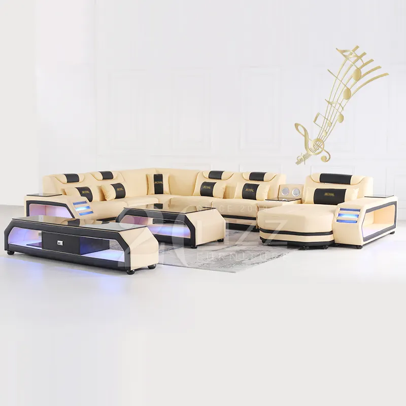 Super moderne Sala Set canapé de loisirs grand canapé en cuir LED en forme de U avec lecteur de musique