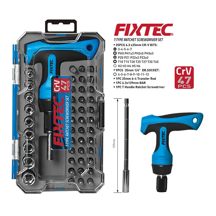 FIXTEC — jeu de tournevis à cliquet Portable, 47 pièces, Mini poignée en T, jeu d'outils mécaniques à cliquet