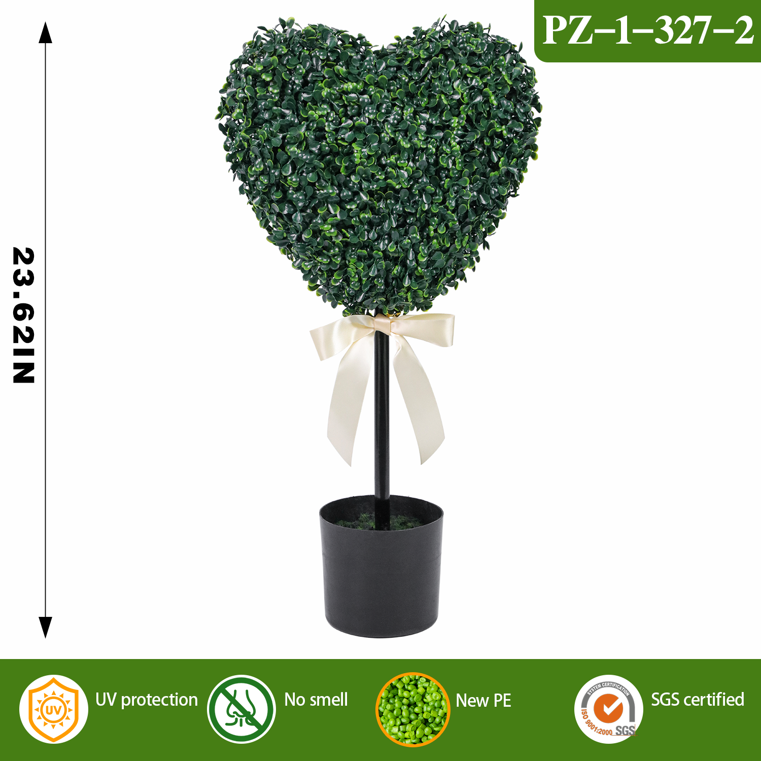 Topiario de boj artificial en forma de corazón con lazo de cinta color crema