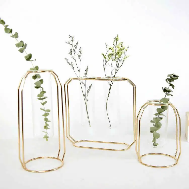 रचनात्मक घर पुष्प व्यवस्था सजावट धातु फूल स्टैंड टेस्ट ट्यूब पारदर्शी ग्लास वेस