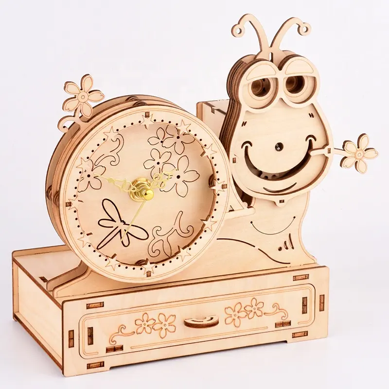 3d de madera reloj mecánico juguete caracoles modelo pluma titular conjunto familia artesanía de madera regalos de cumpleaños de los niños educativos