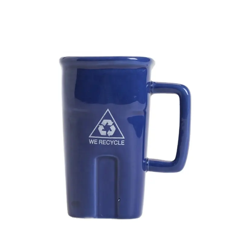 Tazza per bere in ceramica goffrata blu con manico, tazze per pendolari in ceramica a forma di pattumiera, ricicliamo tazze da caffè con motivo