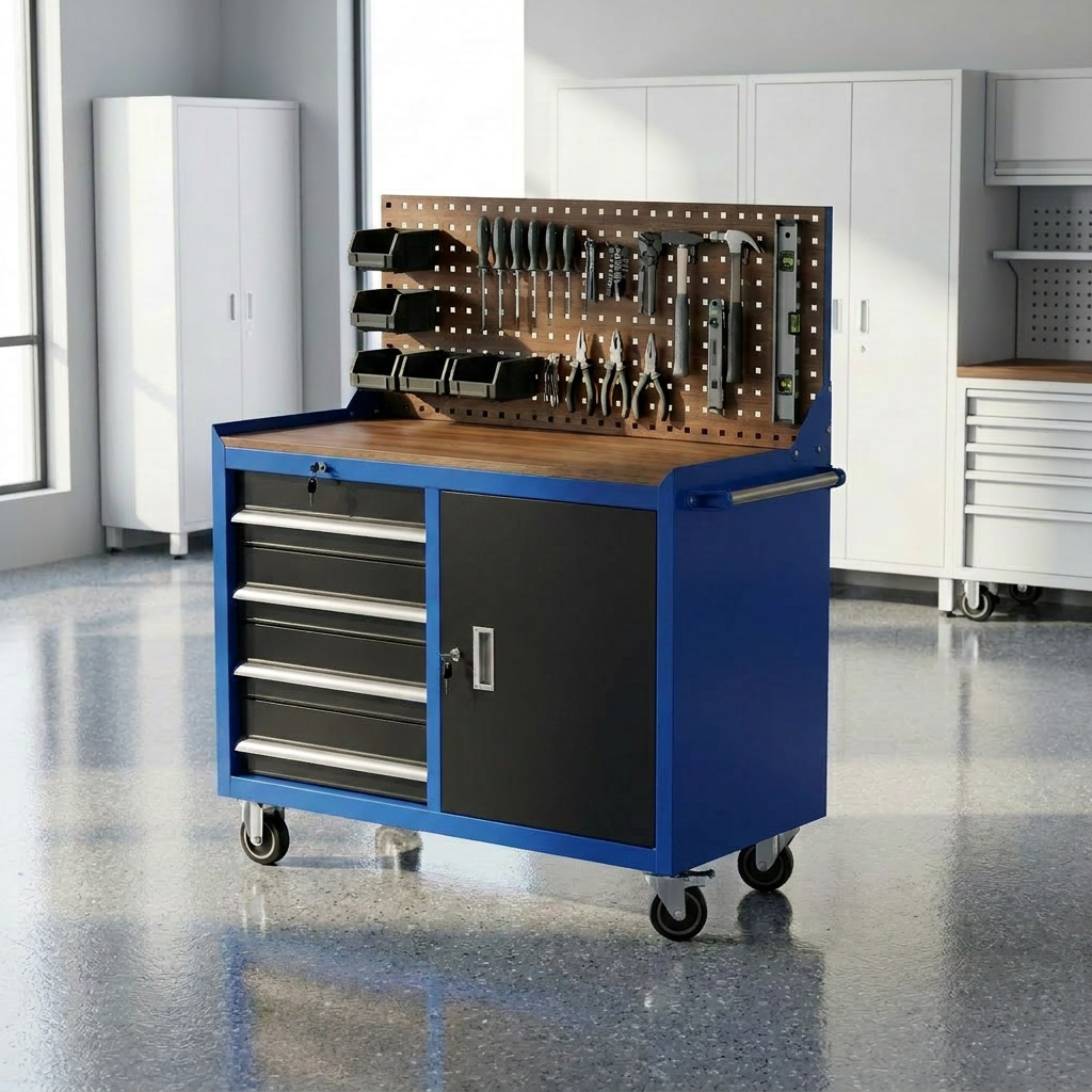 Armoire à outils avec dessus en bois et panneau perforé bleu