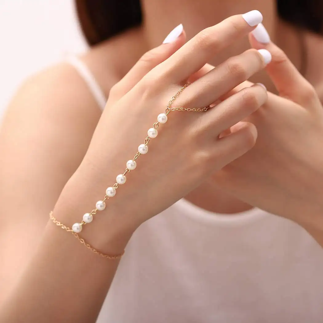 Bracciali Anello di Barretta della perla Della Mano Della Catena Spiaggia Schiavo Del Braccialetto Dei Monili per Le Donne e Le Ragazze