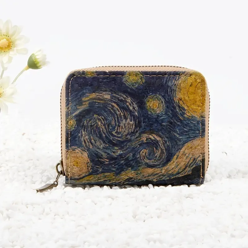 Van Gogh Art Oil Painting Cork Wallet with Zipper Anti-theft Convenient Easy to Carry Exquisite Wallet for Daily Use