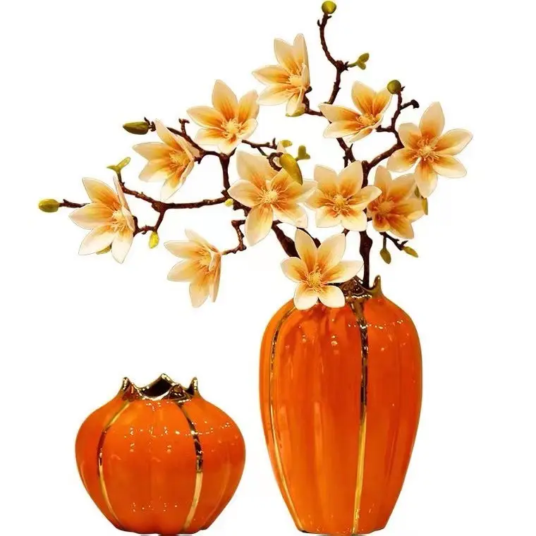 Florero de cerámica de lujo moderno MU, jarrón de porcelana chapado en oro y color naranja, jarrón de calabaza de Navidad para mesa popular