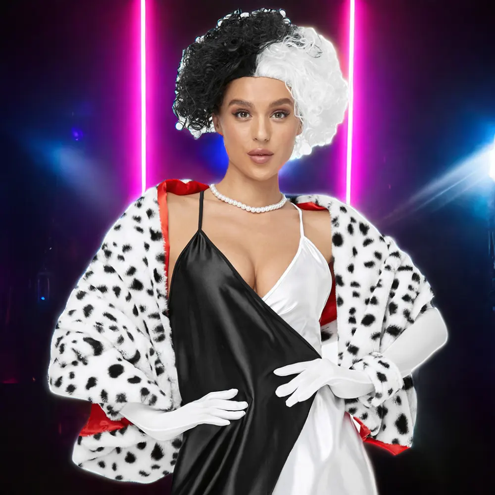 Costume Unisex di Halloween per adulti oggetti di scena Kuila maculato cane leopardato scialle Cruella sciarpa mantello nero bianco strega parrucca coda