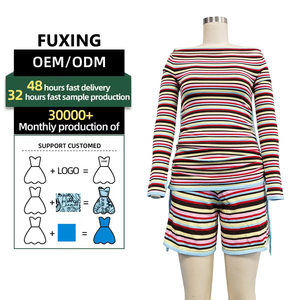 Özel tasarımcı kadın rahat Casual çizgili desen örgü kazak kazak ve şort gevşek örme kazak seti - Product Image 1