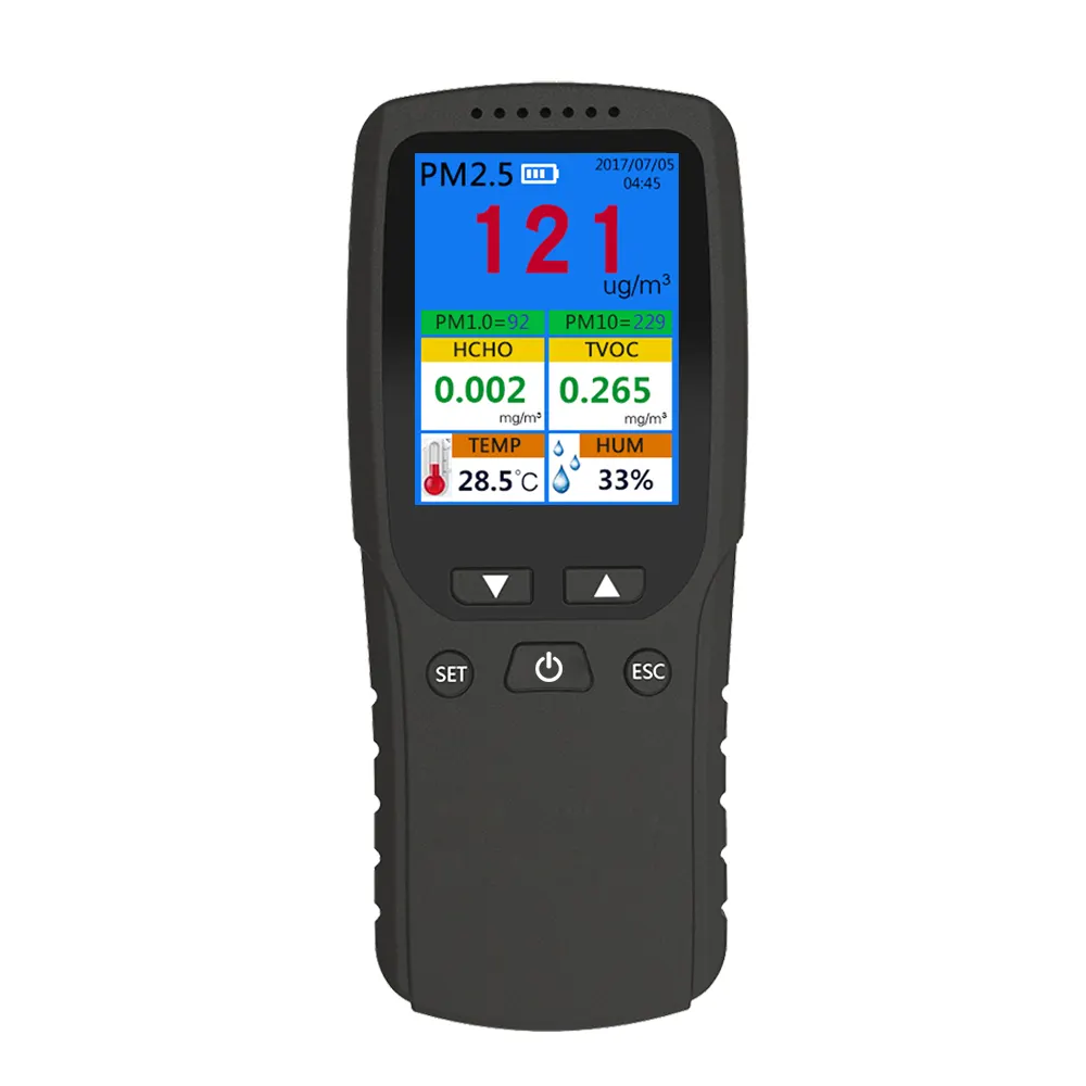 Monitor de calidad del aire interior portátil Instrumento digital con temperatura Humedad TVOC HCHO PM2.5 Analizador de gas de prueba
