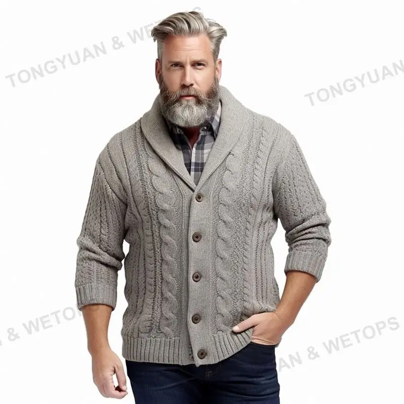 Pull Cardigan personnalisé en tricot torsadé solide à col châle pour hommes de grande taille