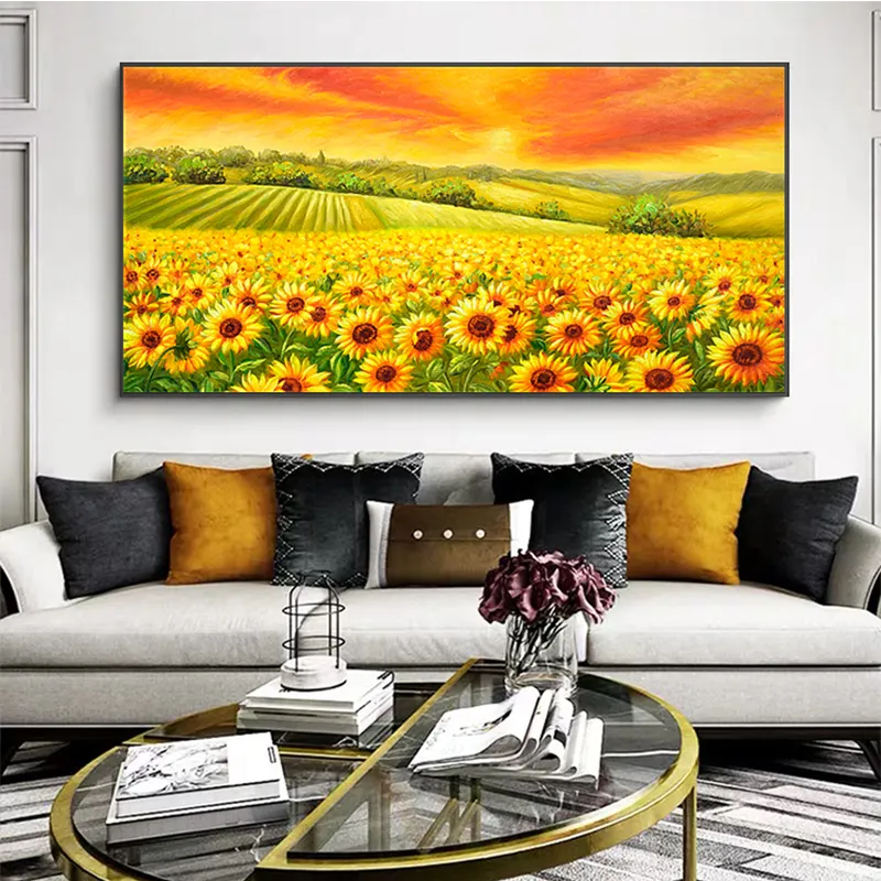 100% vẽ tay phòng khách trang trí nhà hoàng hôn trên cánh đồng hoa hướng dương sơn dầu phong cảnh