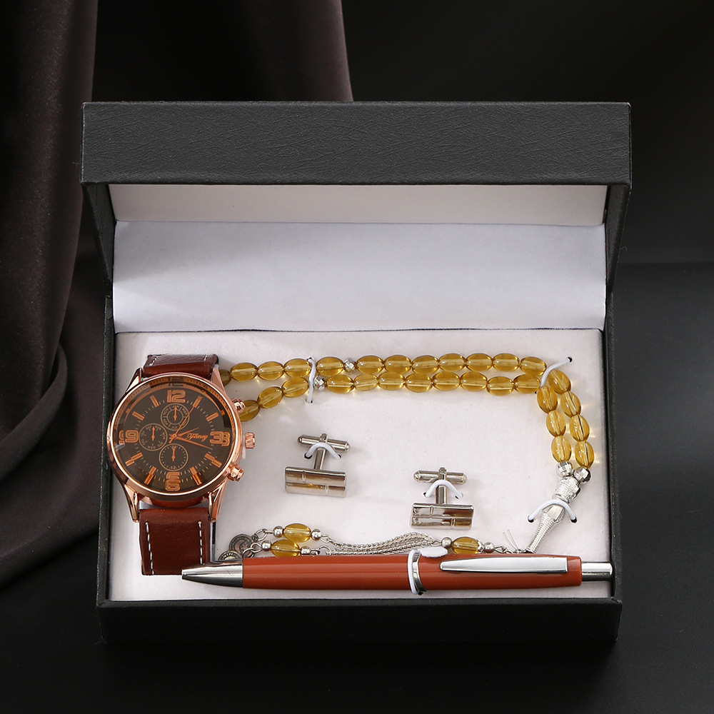 color curry, cuentas de reloj, gemelos de bolígrafo, caja de regalo de madera
