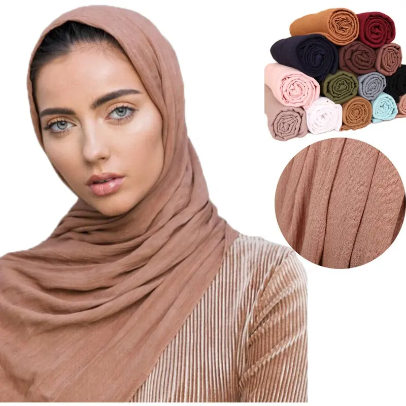 Hijab musulmán arrugado para mujeres, bufanda de Color sólido a la moda, chal de rayón, arrugado, 2021