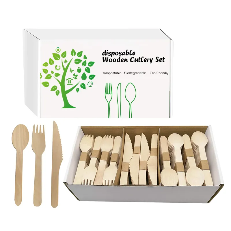 La boîte de présentation comprend des fourchettes cuillère couteau jetable compostable 100% biodégradable 160mm ensemble de couverts en bois pour la fête