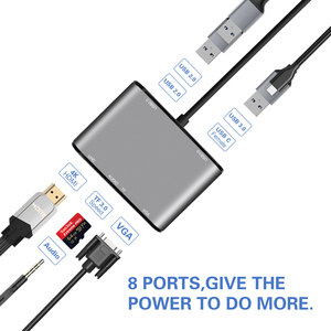 8 in 1 HUB tipi C USB3.0 + USB2.0 * 2 + USB-C PD + HD + VGA + TF + ses cep telefonu DVD oynatıcıları ve PVC ile monitörler için - Product Image 2