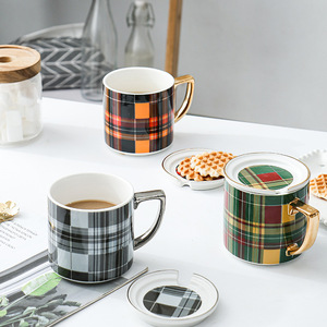 Creative Simple square Grid Coffee <strong>Cup</strong> European Color Glaze Ceramic <strong>Cup</strong> with Lid - Product Image 1