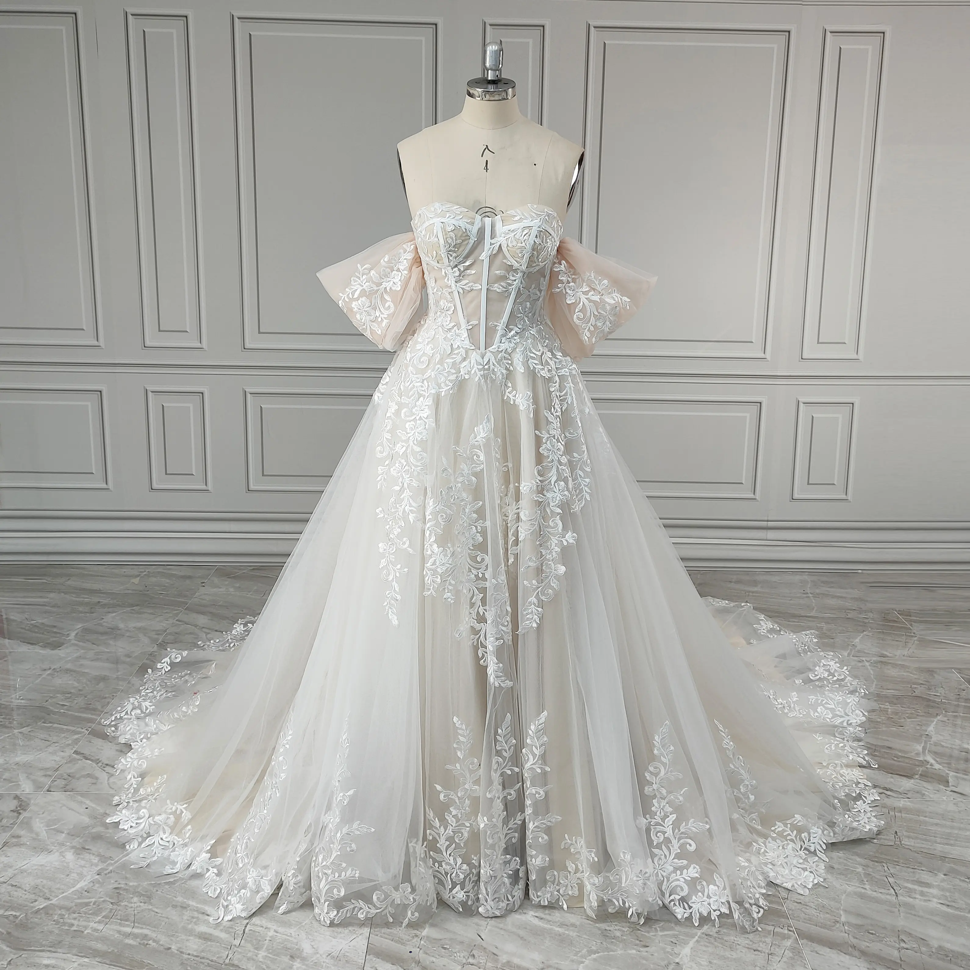 Vestido de noiva 100% real, vestido de noiva elegante com apliques de ombro e renda, linha A, ideal para mulheres, ideal para casamentos, 2024