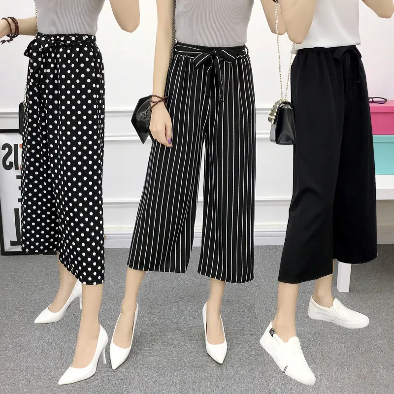 New Fashion Women Lady coreano a righe Dot Grid Lace Up vita gamba larga pantaloni larghi Slim Casual pantaloni corti