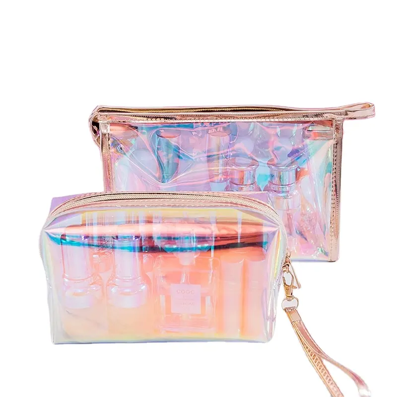 Girls Rainbow Colorful Pink Gold Brush Laser Pvc Holographic Pouch Clutch Toiletries Travel Cosmetic Bags Custom Makeup Bag