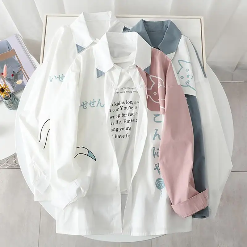 Camisa de manga larga con estampado de gato japonés para mujer, camisetas de diseño, abrigo suelto, Primavera, 2022