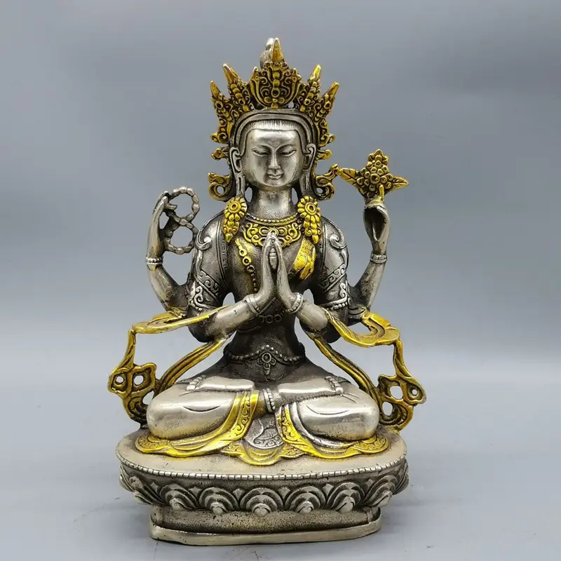 Antiguidade coleção de cobre gilt quatro-armadas guanyin milhares mão guanyin sentado estátua de buda enfeites