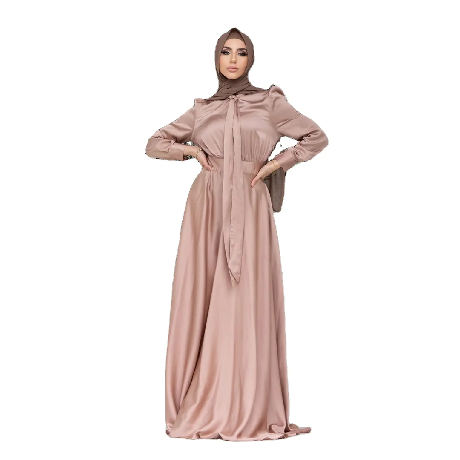 2024イスラム教徒の女性のサテンドレス大人のためのファッショナブルなイスラム綿のドレス