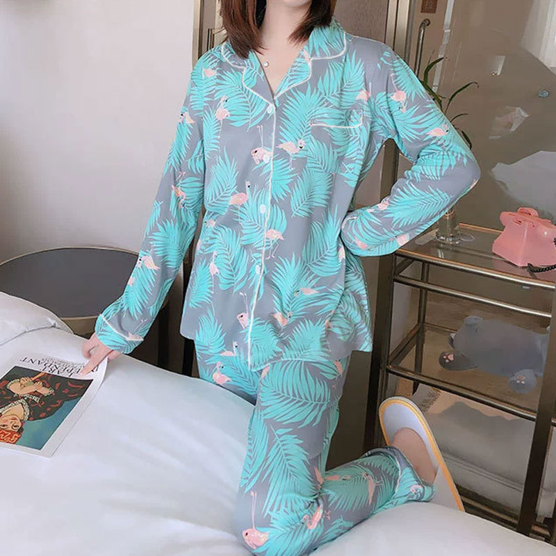Set lungo cardigan con fenicotteri e foglie verdi S